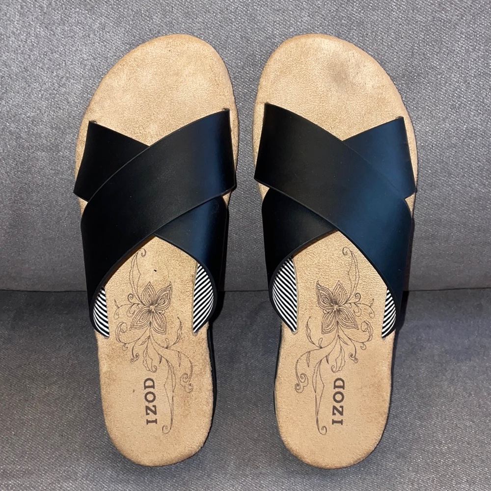 NWOT. IZOD Women’s Black Leather & Suede sandals. Size 7M - Picture 1 of 6
